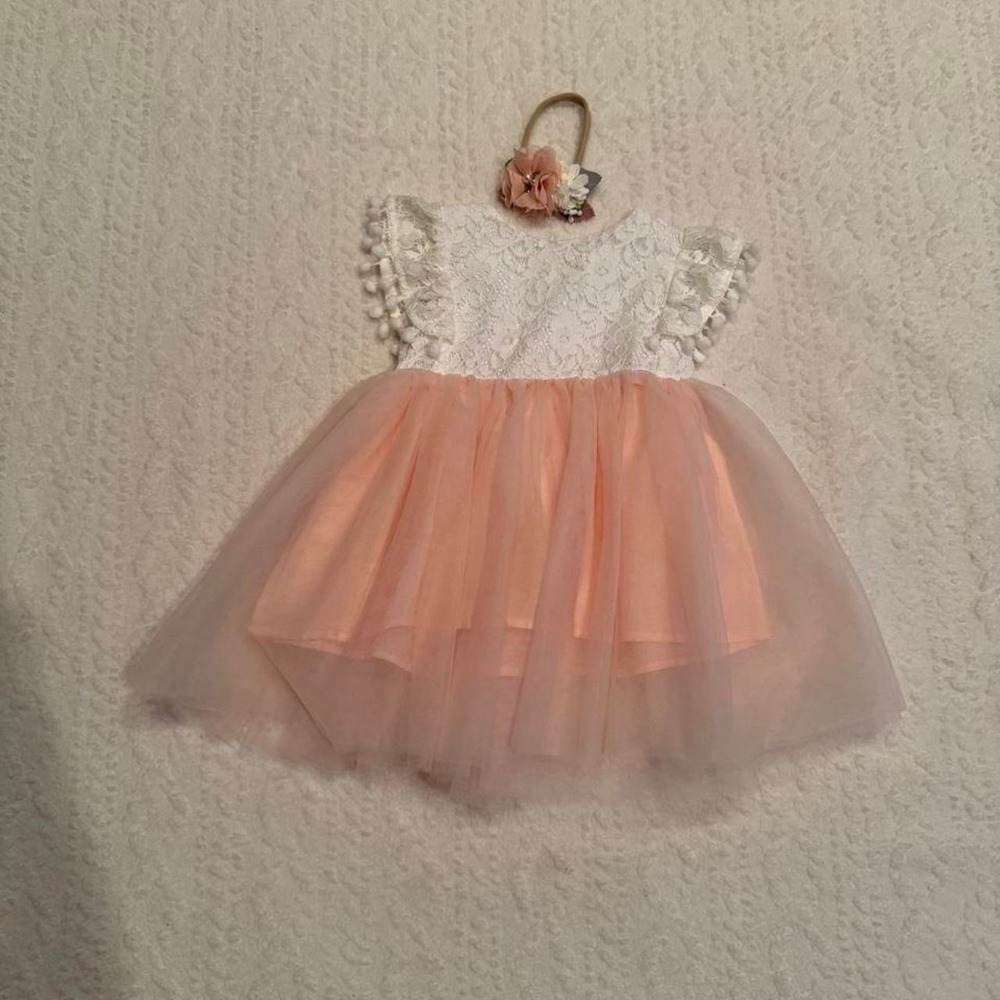 Baby Girl Lace Tulle Party Dress with Matching Floral Headband Peach White